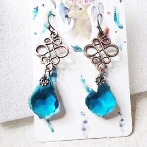 Teal Blue Fancy Cut Glass Drop Earrings - Blue & Copper! Dress Up + Feel Sexy!